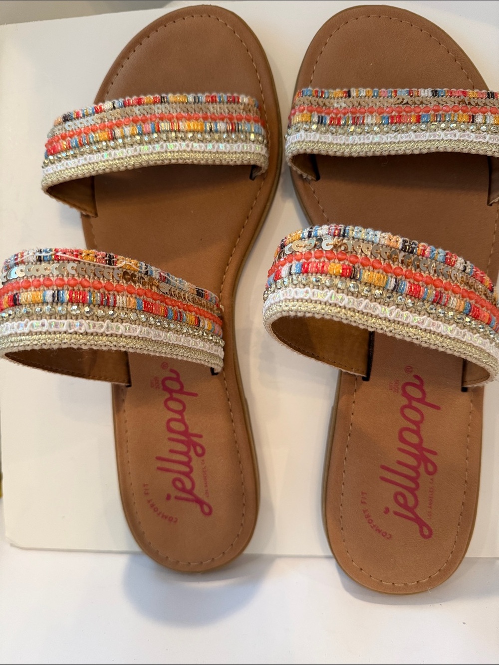 Jellypop Coral & Multicolor Beaded Double-Strap Slide Sandals